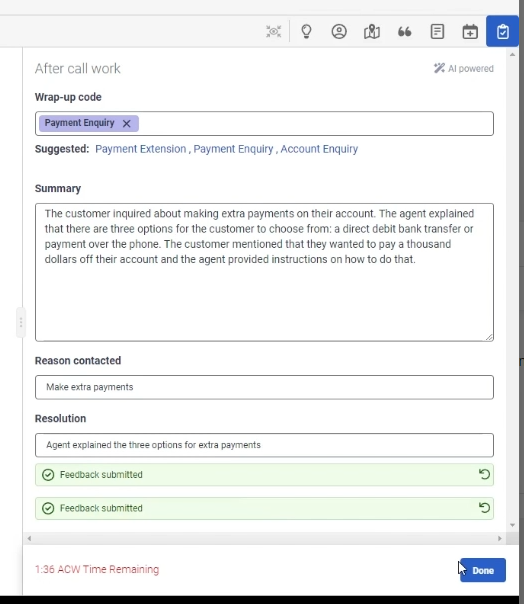 View of a copilot generated summary of a payment enquiry call